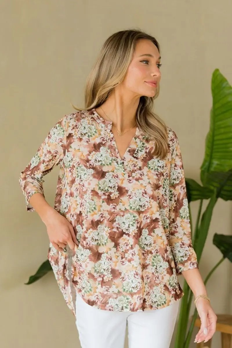 Floral Elegance Notched Neck Top - Wrinkle-Free Full Size - Love Salve
